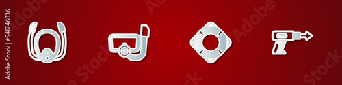Set Diving mask with snorkel, , Lifebuoy and Fishing harpoon icon. Vector