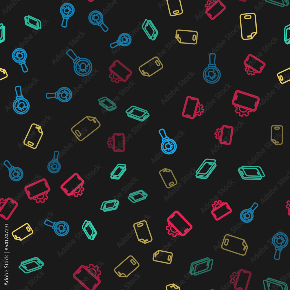 Set line System bug, Glass screen protector, and Phone repair service on seamless pattern. Vector Set line System bug, Glass screen protector, and Phone repair service on seamless pattern. Vector
