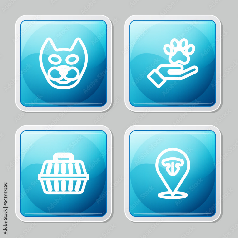 Set line Cat, Hands with animals footprint, Pet carry case and nose icon. Vector Set line Cat, Hands with animals footprint, Pet carry case and nose icon. Vector