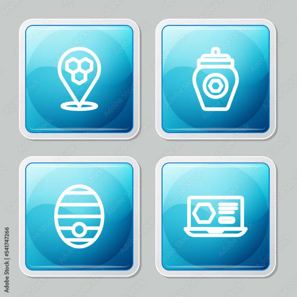 Set line Honeycomb bee location, Jar of honey, Hive for bees and online service icon. Vector Set line Honeycomb bee location, Jar of honey, Hive for bees and online service icon. Vector