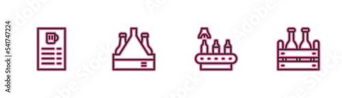 Set line Beer menu, Conveyor band, beer, Pack of bottles and icon. Vector
