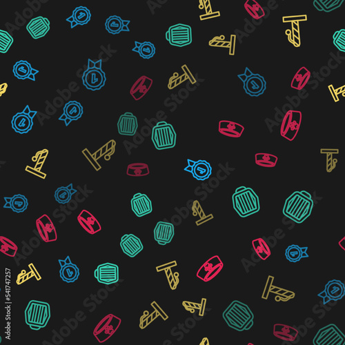 Set line Dog award symbol, Pet carry case, Cat scratching post and food bowl on seamless pattern. Vector