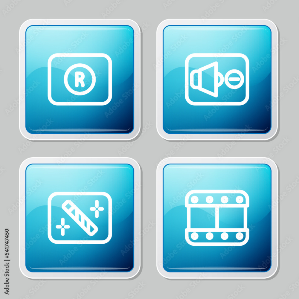 Set line Record button, Speaker mute, Photo retouching and Play video icon. Vector