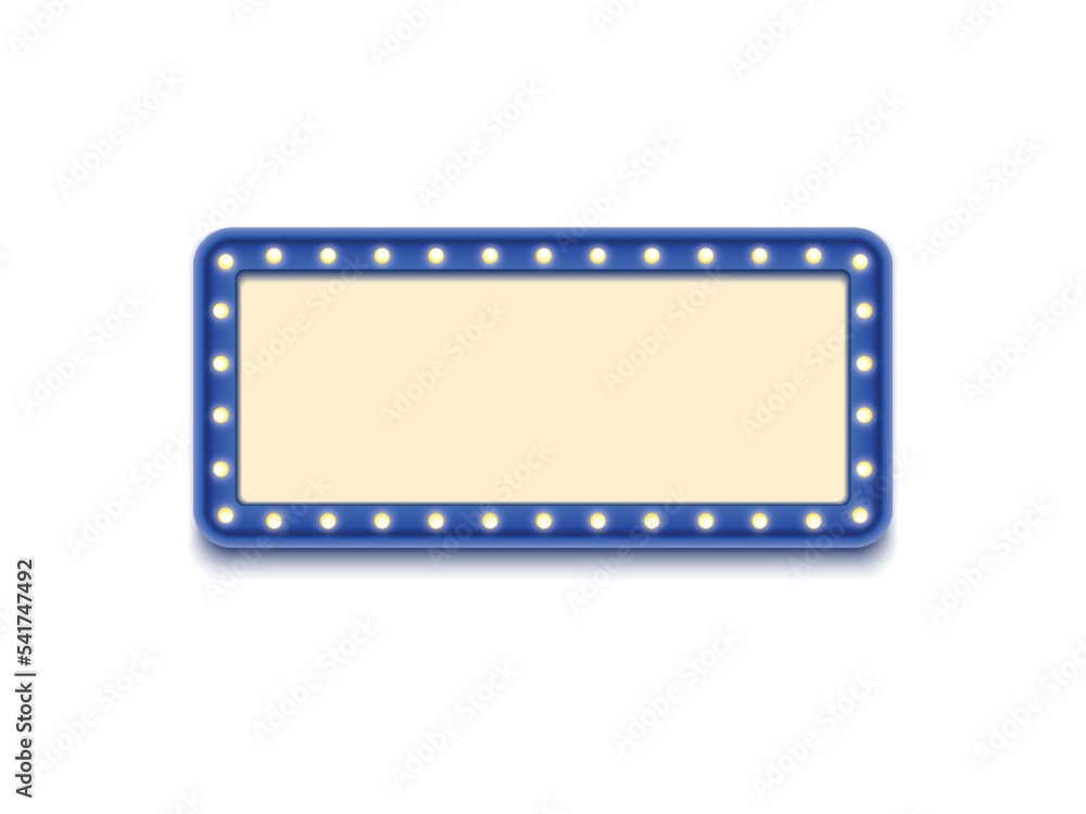 Antique shape marquee vintage 3d lightbox with glowing bulb. Blue color retro frame design vector illustration.
