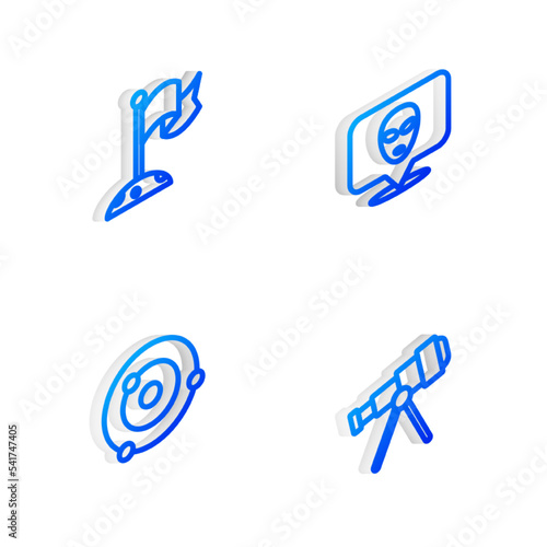 Set Isometric line Alien, Moon with flag, Solar system and Telescope icon. Vector