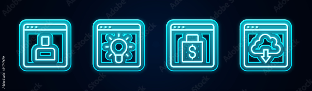 Set line Create account screen, Browser window, Online shopping on and Cloud download. Glowing neon icon. Vector Set line Create account screen, Browser window, Online shopping on and Cloud download. Glowing neon icon. Vector
