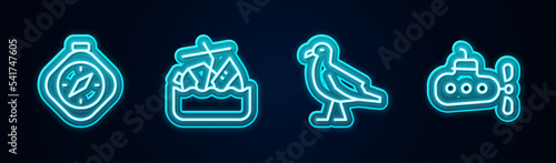 Set line Compass, Sinking cruise ship, Bird seagull and Submarine. Glowing neon icon. Vector