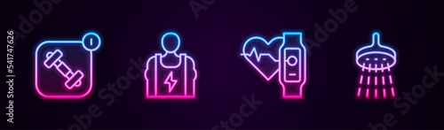 Set line Fitness app, Bodybuilder, Smart watch with heart and Shower. Glowing neon icon. Vector