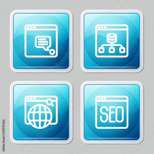 Set line New chat messages notification, Server, Data, Search engine and SEO optimization icon. Vector