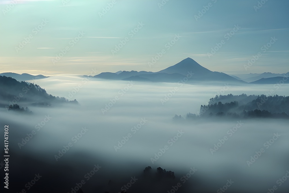 Mountains and valley blanketed in thick fog. 