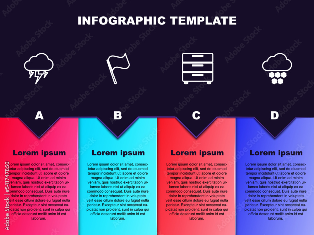 Set line Storm, Flag, Furniture nightstand and Cloud with snow. Business infographic template. Vector Set line Storm, Flag, Furniture nightstand and Cloud with snow. Business infographic template. Vector
