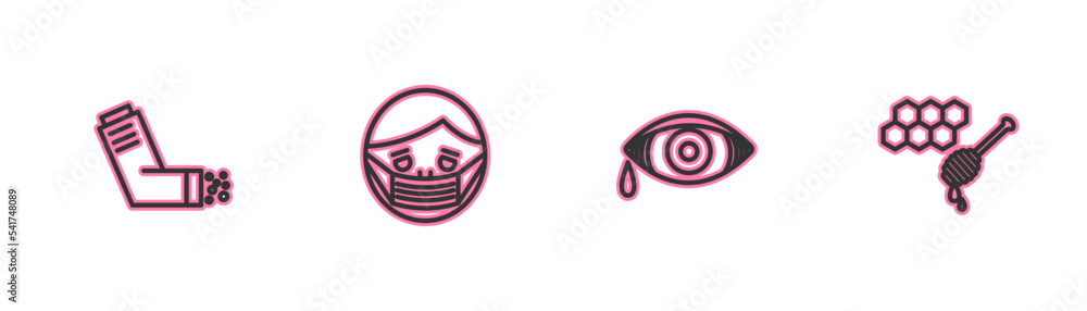 Set line Inhaler, Reddish eye allergic conjunctivitis, Face in protective mask and Honeycomb with honey dipper icon. Vector Set line Inhaler, Reddish eye allergic conjunctivitis, Face in protective mask and Honeycomb with honey dipper icon. Vector