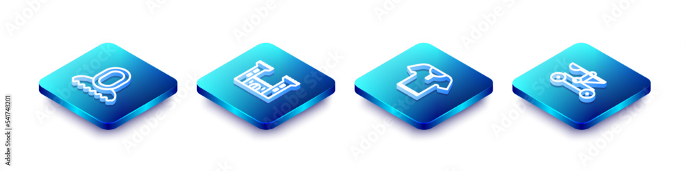 Set Isometric line Medieval hood, Castle, Body armor and Catapult shooting stones icon. Vector Set Isometric line Medieval hood, Castle, Body armor and Catapult shooting stones icon. Vector