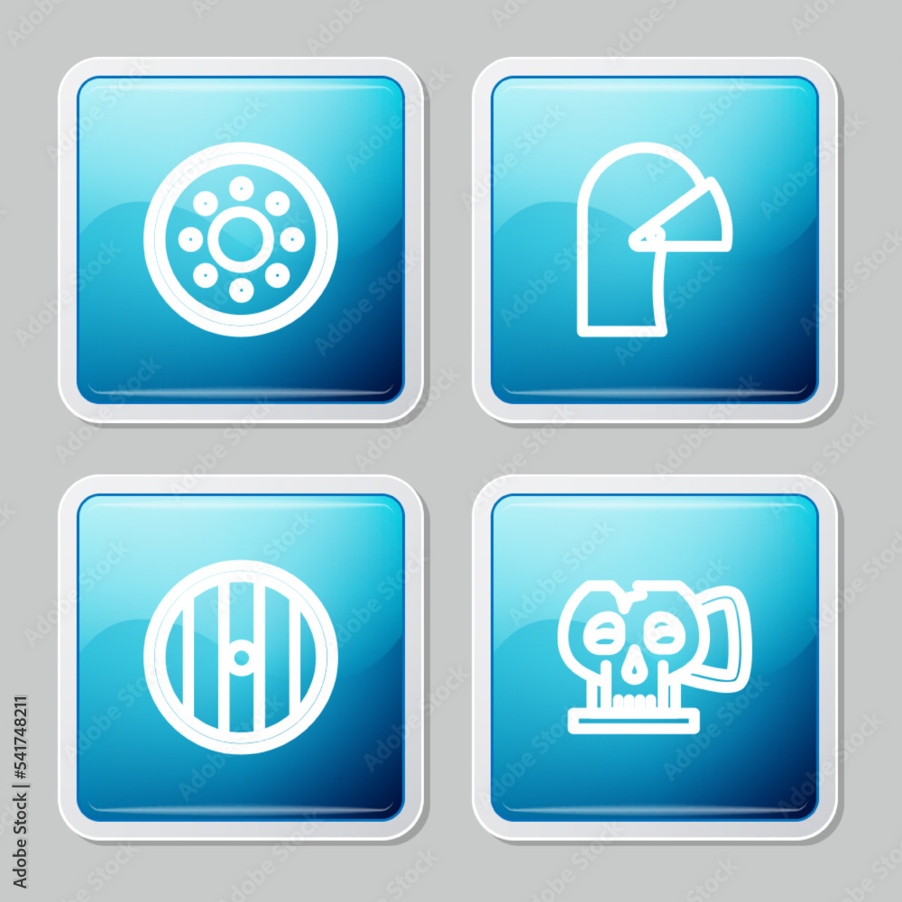 Set line Round wooden shield, Medieval iron helmet, and Cup from the skull icon. Vector Set line Round wooden shield, Medieval iron helmet, and Cup from the skull icon. Vector
