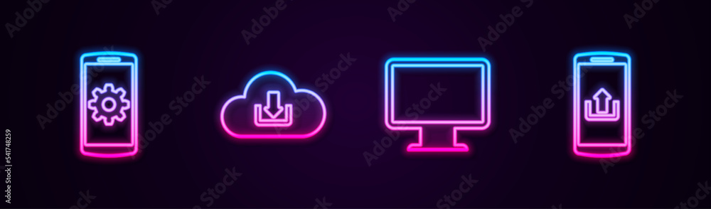 Set line Setting on smartphone, Cloud download, Computer monitor screen and Smartphone with upload. Glowing neon icon. Vector Set line Setting on smartphone, Cloud download, Computer monitor screen and Smartphone with upload. Glowing neon icon. Vector