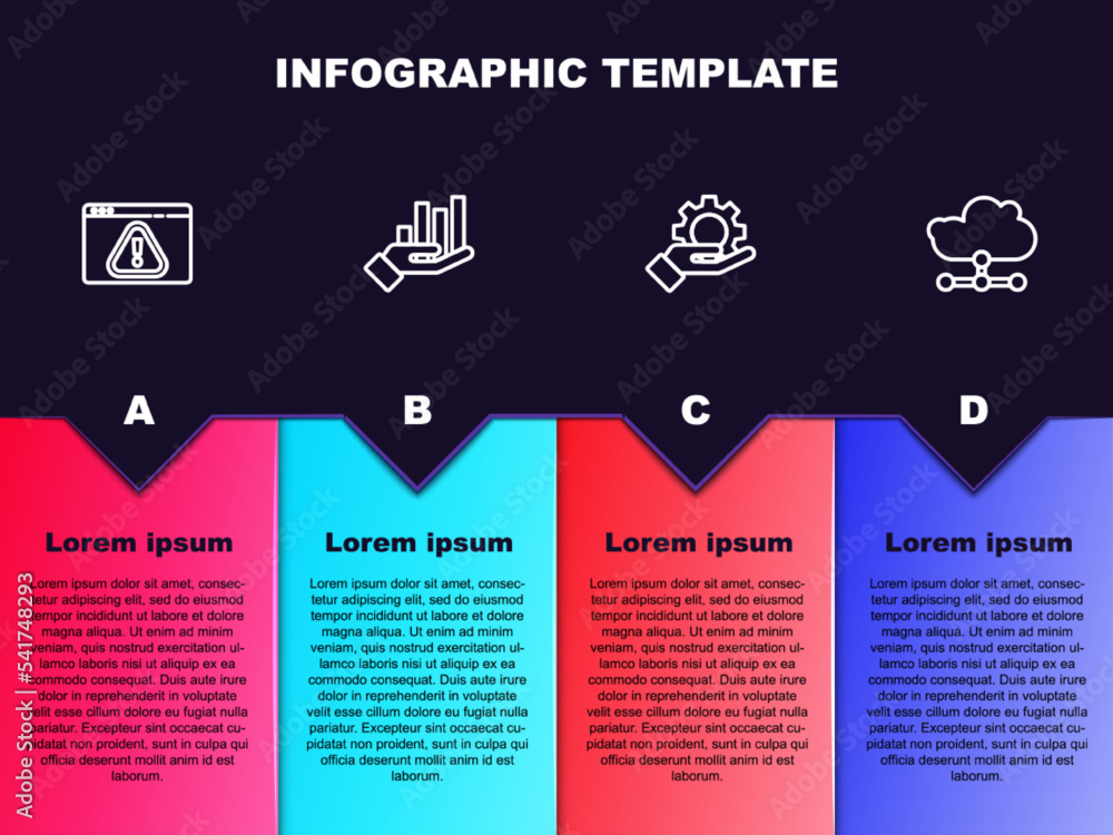 Set line Browser with exclamation mark, Pie chart infographic, Hand settings gear and Network cloud connection. Business infographic template. Vector Set line Browser with exclamation mark, Pie chart infographic, Hand settings gear and Network cloud connection. Business infographic template. Vector