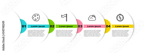 Set line Moon, Meteorology windsock wind vane, Sun and cloud and Compass. Business infographic template. Vector
