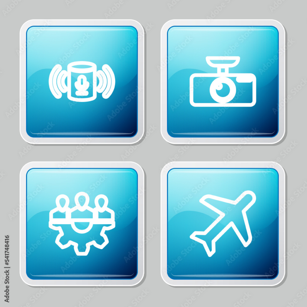 Set line Voice assistant, Car DVR, Project team base and Plane icon. Vector Set line Voice assistant, Car DVR, Project team base and Plane icon. Vector