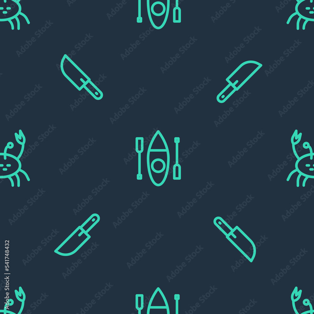 Set line Kayak or canoe, Knife and Crab on seamless pattern. Vector Set line Kayak or canoe, Knife and Crab on seamless pattern. Vector