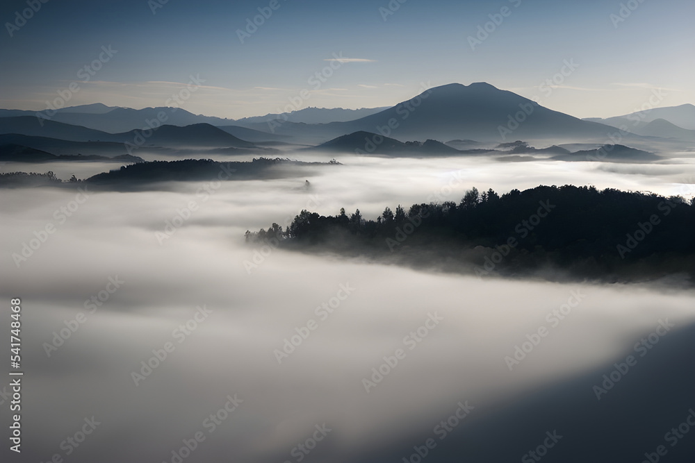 Mountains and valley blanketed in thick fog. 