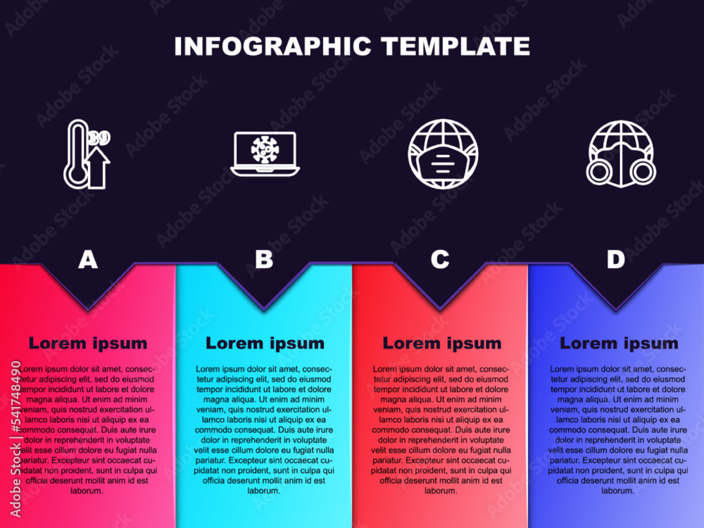 Set line High human body temperature, Virus statistics on laptop, Earth with medical mask and . Business infographic template. Vector