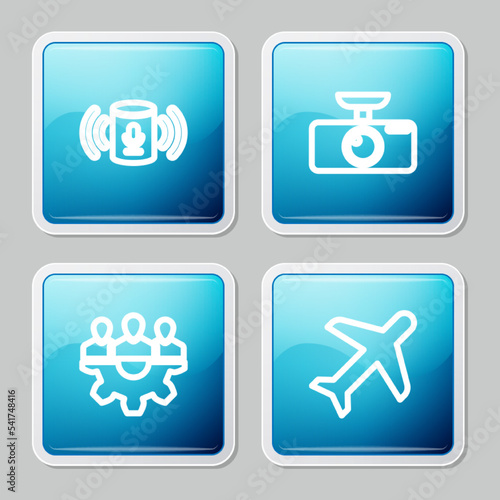 Set line Voice assistant, Car DVR, Project team base and Plane icon. Vector