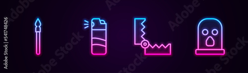 Set line Medieval spear, Pepper spray, Trap hunting and Balaclava. Glowing neon icon. Vector