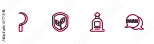 Set line Sickle, Full sack, Shield with leaf and Speech bubble Farm icon. Vector