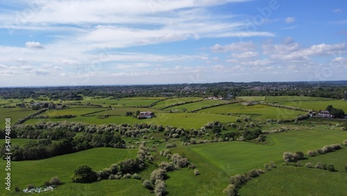 Aerial view of green fields and open countryside. Taken in Lancashire England. 
