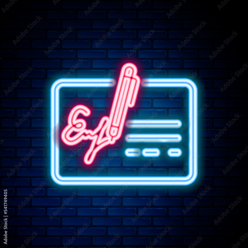 Glowing neon line Signed document line icon isolated on brick wall background. Pen signing a contract with signature. Edit document sign. Colorful outline concept. Vector Glowing neon line Signed document line icon isolated on brick wall background. Pen signing a contract with signature. Edit document sign. Colorful outline concept. Vector
