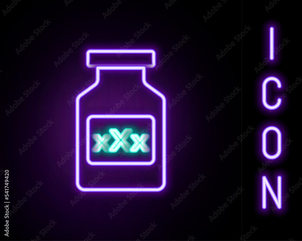 Glowing neon line Medicine bottle with pills for potency, aphrodisiac icon isolated on black background. Sex pills for men and women. Colorful outline concept. Vector Glowing neon line Medicine bottle with pills for potency, aphrodisiac icon isolated on black background. Sex pills for men and women. Colorful outline concept. Vector