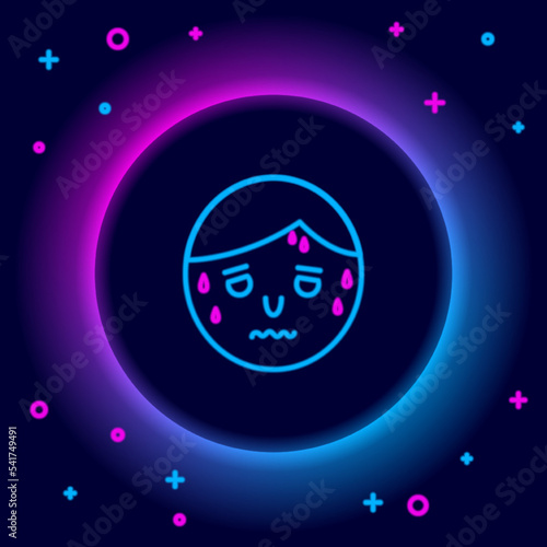 Glowing neon line Man with excessive sweating icon isolated on black background. Colorful outline concept. Vector
