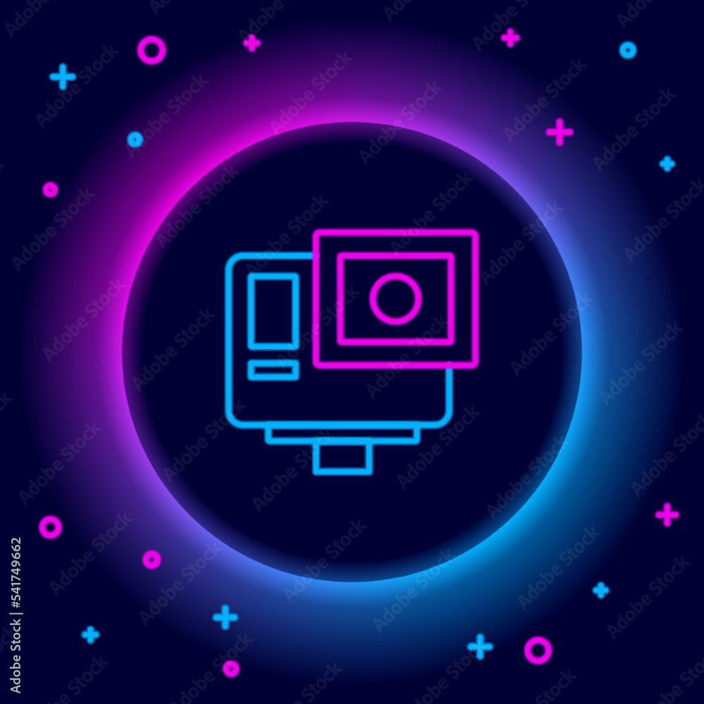 Glowing neon line Action extreme camera icon isolated on black background. Video camera equipment for filming extreme sports. Colorful outline concept. Vector Glowing neon line Action extreme camera icon isolated on black background. Video camera equipment for filming extreme sports. Colorful outline concept. Vector