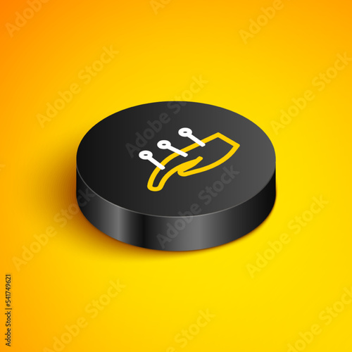Isometric line Acupuncture therapy on the hand icon isolated on yellow background. Chinese medicine. Holistic pain management treatments. Black circle button. Vector