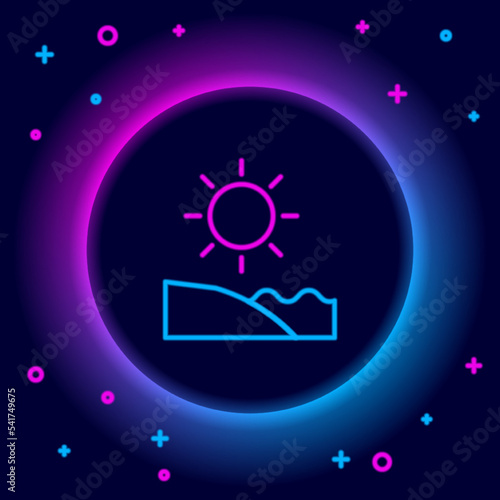 Glowing neon line Beach icon isolated on black background. Tropical beach landscape. Good sunny day. Colorful outline concept. Vector