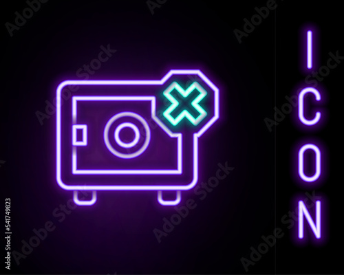 Glowing neon line Safe icon isolated on black background. The door safe a bank vault with a combination lock. Reliable Data Protection. Colorful outline concept. Vector