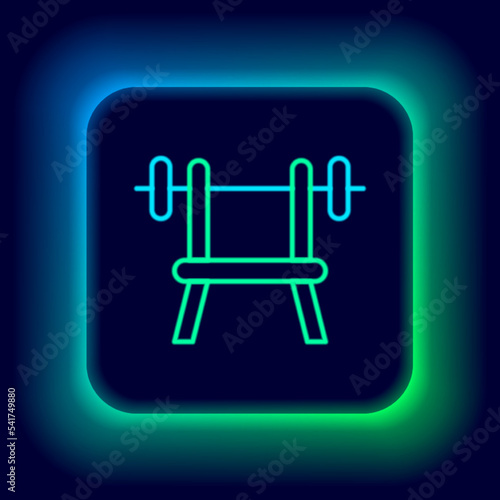 Glowing neon line Bench with barbell icon isolated on black background. Gym equipment. Bodybuilding, powerlifting, fitness concept. Colorful outline concept. Vector