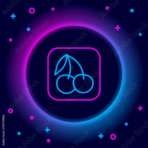 Glowing neon line Casino slot machine with cherry symbol icon isolated on black background. Gambling games. Colorful outline concept. Vector