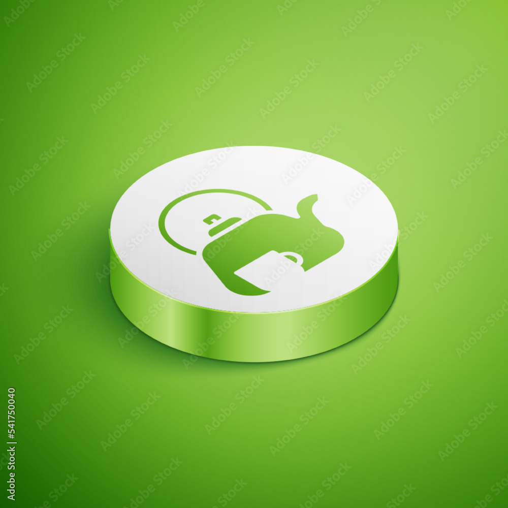 Isometric Traditional tea ceremony icon isolated on green background. Teapot with cup. White circle button. Vector Isometric Traditional tea ceremony icon isolated on green background. Teapot with cup. White circle button. Vector