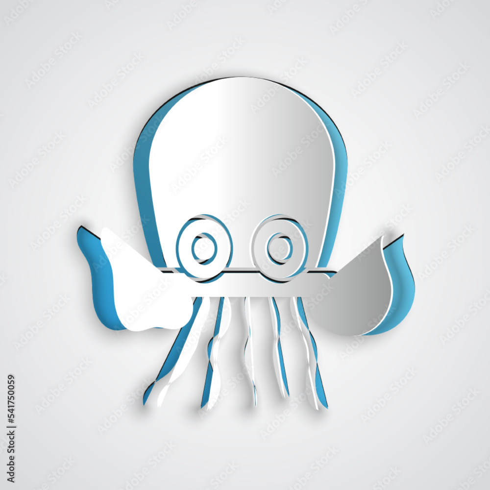 Paper cut Octopus icon isolated on grey background. Paper art style. Vector. Paper cut Octopus icon isolated on grey background. Paper art style. Vector.