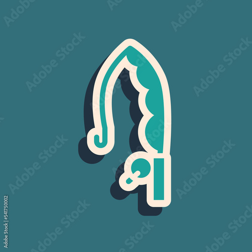 Green Fishing rod icon isolated on green background. Catch a big fish. Fishing equipment and fish farming topics. Long shadow style. Vector