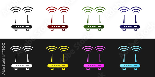 Set Router and wi-fi signal icon isolated on black and white background. Wireless ethernet modem router. Computer technology internet. Vector