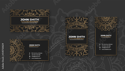 Luxury black business card with golden mandala decoration designs, Bright floral ornamental elements