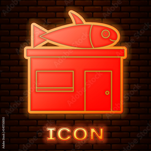 Glowing neon Seafood store icon isolated on brick wall background. Facade of seafood market. Vector.