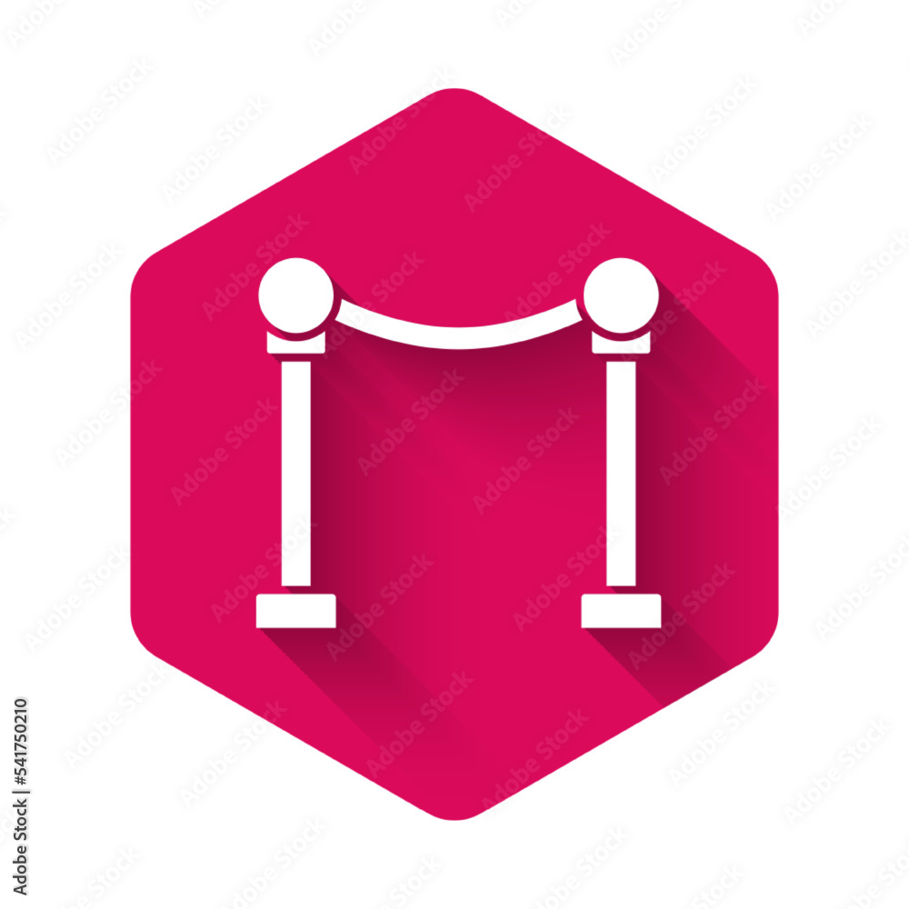 White Rope barrier icon isolated with long shadow. VIP event, luxury celebration. Celebrity party entrance. Pink hexagon button. Vector White Rope barrier icon isolated with long shadow. VIP event, luxury celebration. Celebrity party entrance. Pink hexagon button. Vector