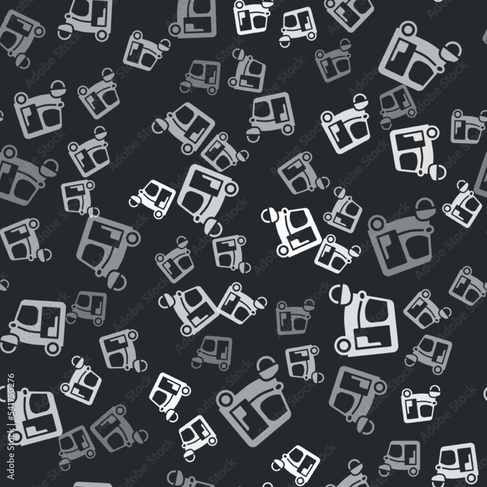 Grey Taxi tuk tuk icon isolated seamless pattern on black background. Indian auto rickshaw concept. Delhi auto. Vector Grey Taxi tuk tuk icon isolated seamless pattern on black background. Indian auto rickshaw concept. Delhi auto. Vector