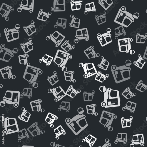 Grey Taxi tuk tuk icon isolated seamless pattern on black background. Indian auto rickshaw concept. Delhi auto. Vector