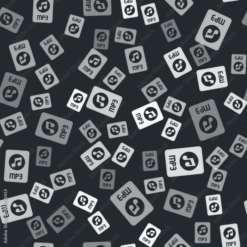 Grey MP3 file document. Download mp3 button icon isolated seamless pattern on black background. Mp3 music format sign. MP3 file symbol. Vector Grey MP3 file document. Download mp3 button icon isolated seamless pattern on black background. Mp3 music format sign. MP3 file symbol. Vector