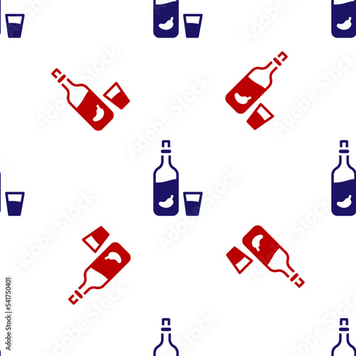 Blue and red Vodka with pepper and glass icon isolated seamless pattern on white background. Ukrainian national alcohol. Vector