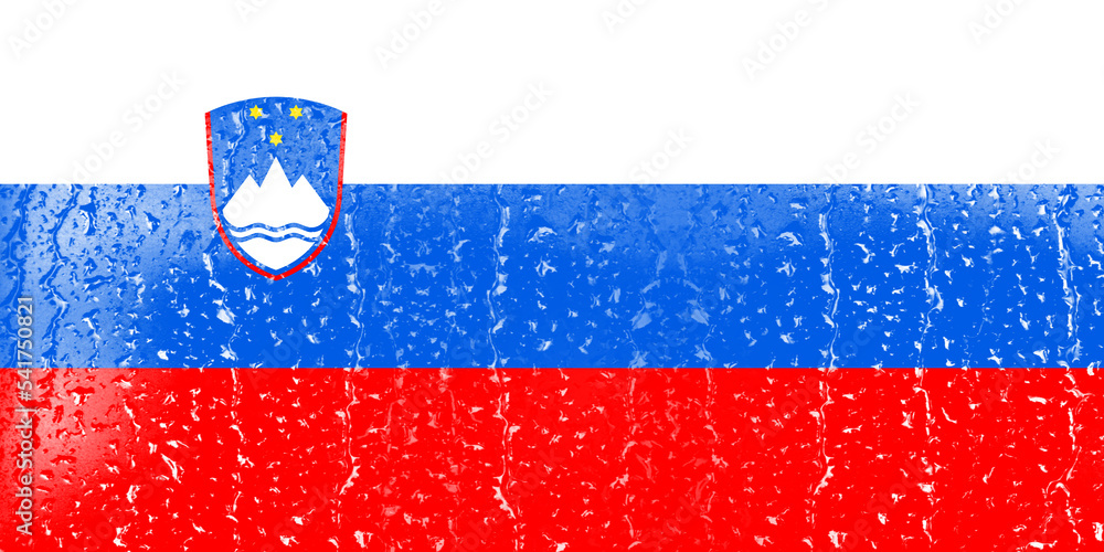 Naklejka premium 3D Flag of Slovenia on a glass with water drop background.